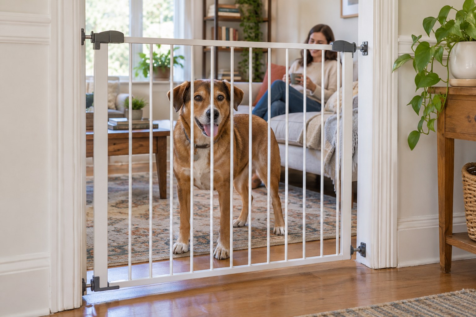 A dog resting behind a secure indoor pet gate.