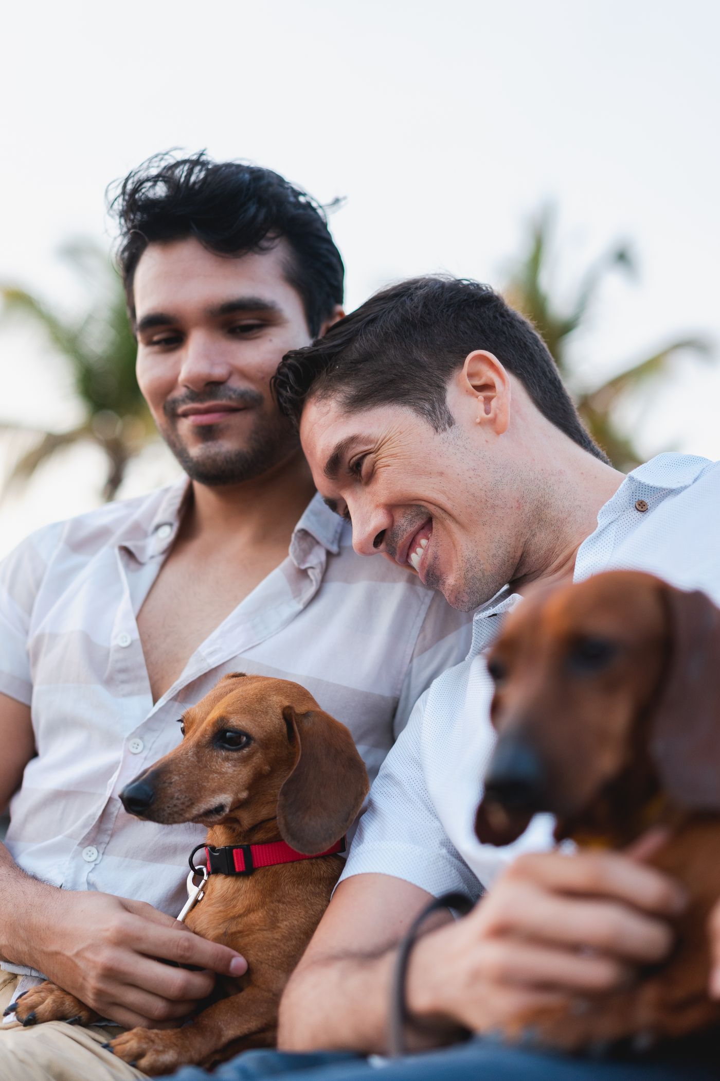 Two people seated outdoors with their dogs.