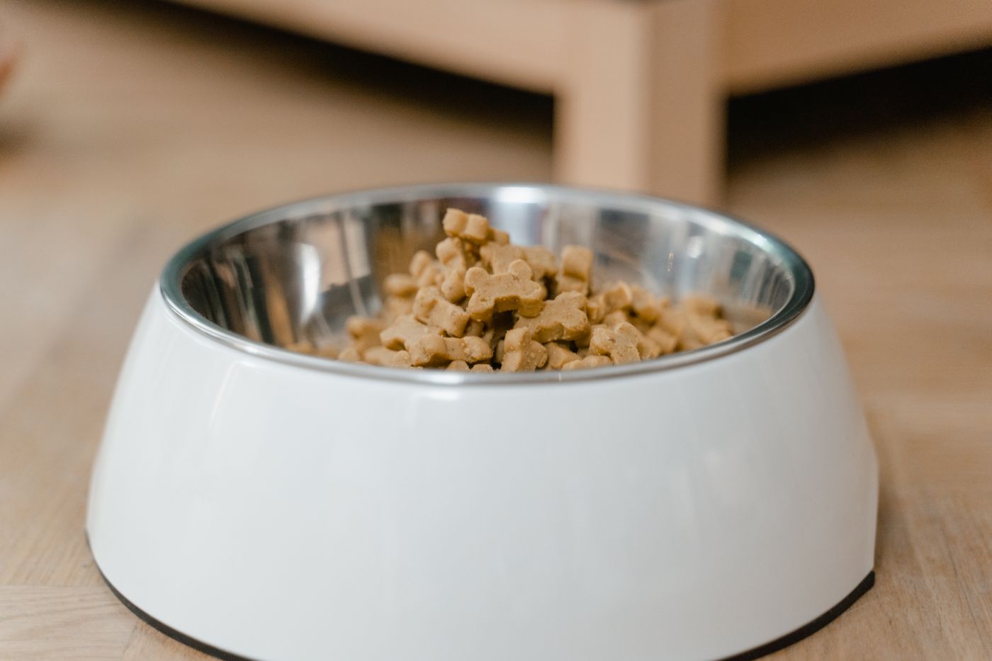 A filled dog-food bowl placed on a wooden floor.