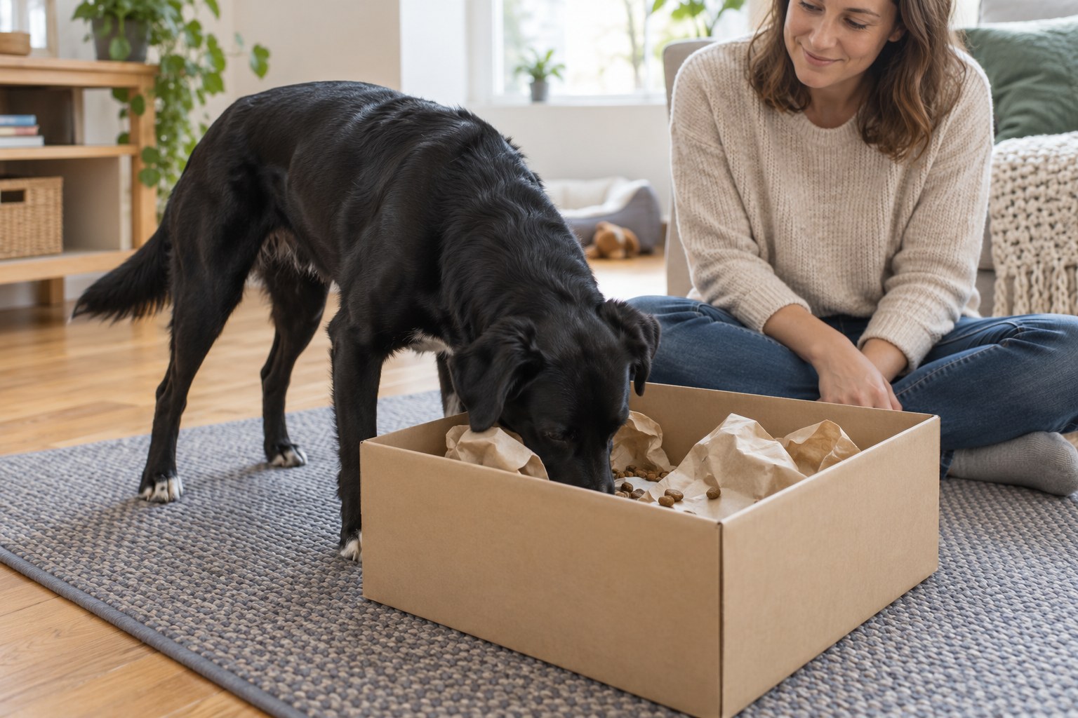 A dog sniffing paper inside a supervised open cardboard search box.