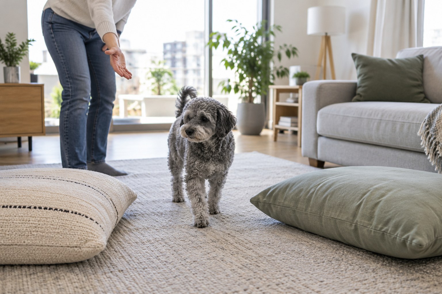 A person guiding a grey curly-coated dog between two floor cushions.