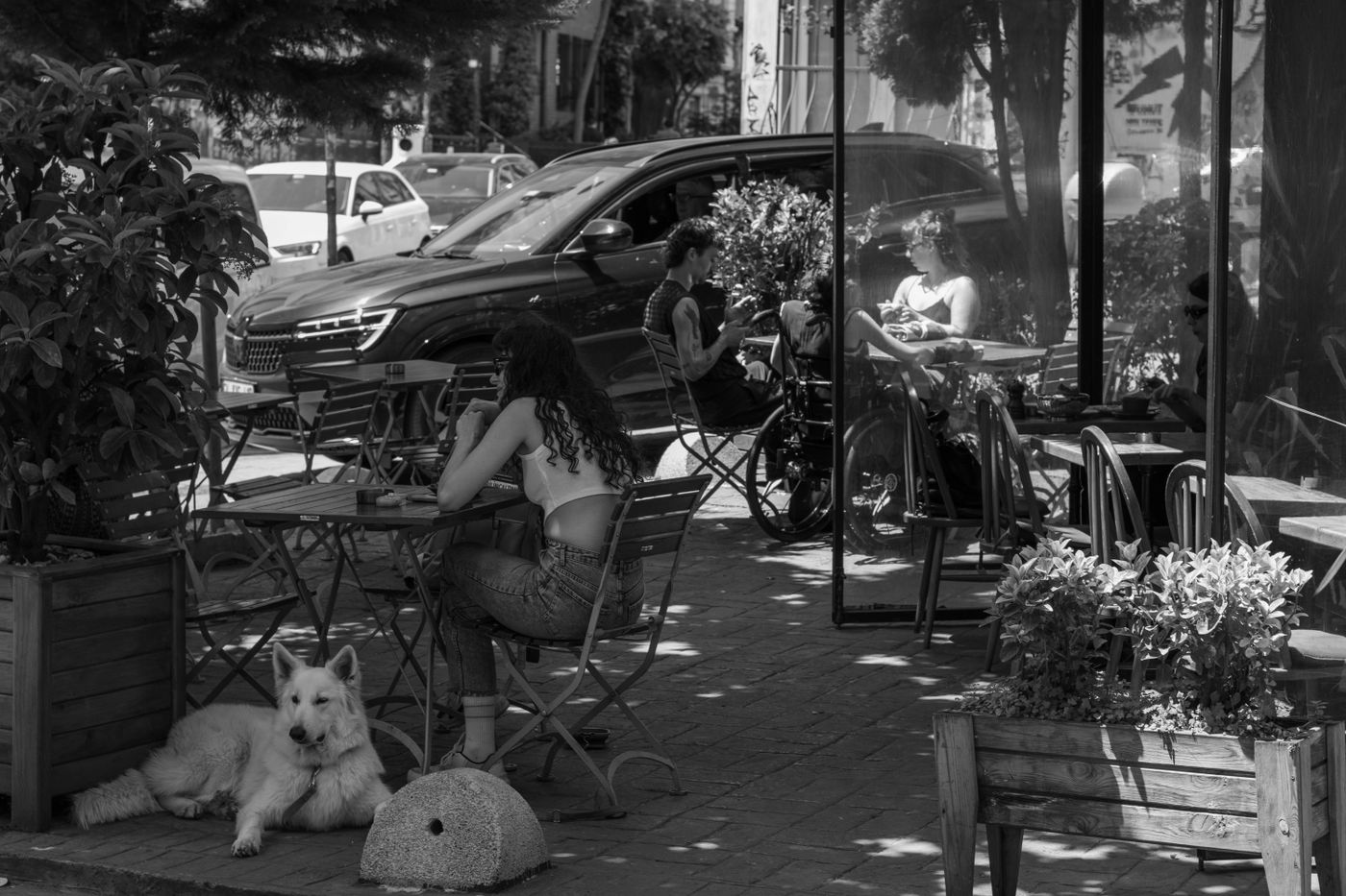 A dog resting beside outdoor cafe seating.