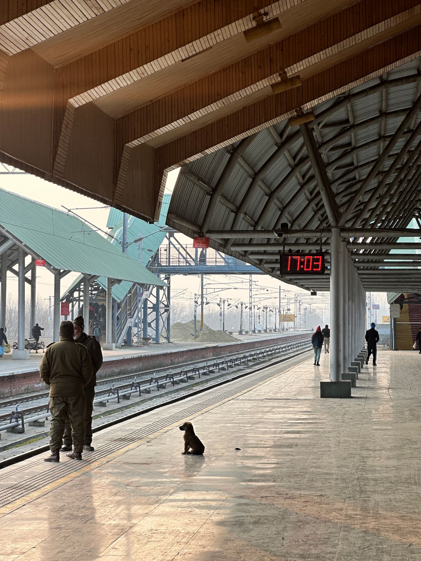 People waiting with a dog on a railway platform.
