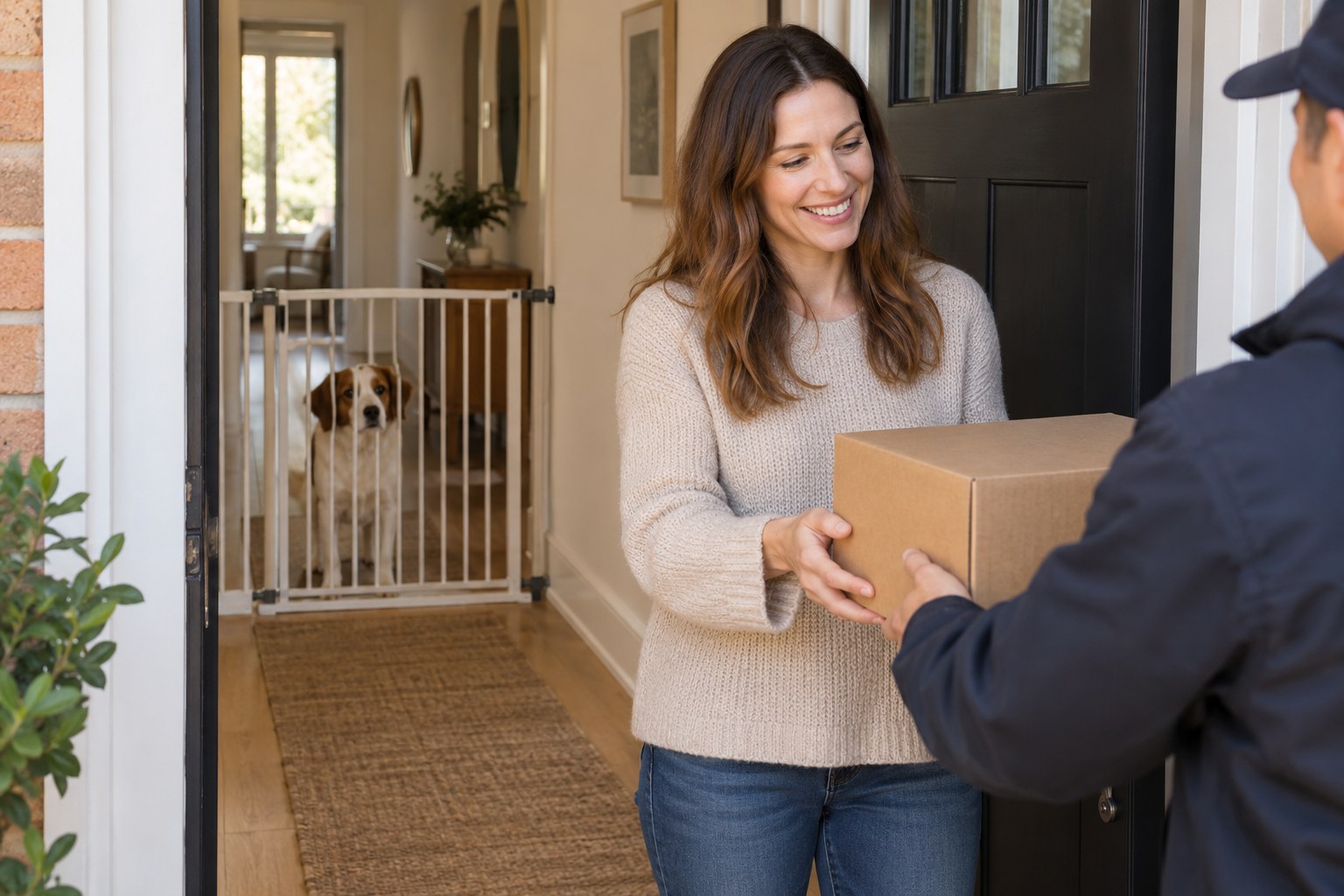 A person receiving a parcel at the front door while a dog remains behind a closed indoor gate.