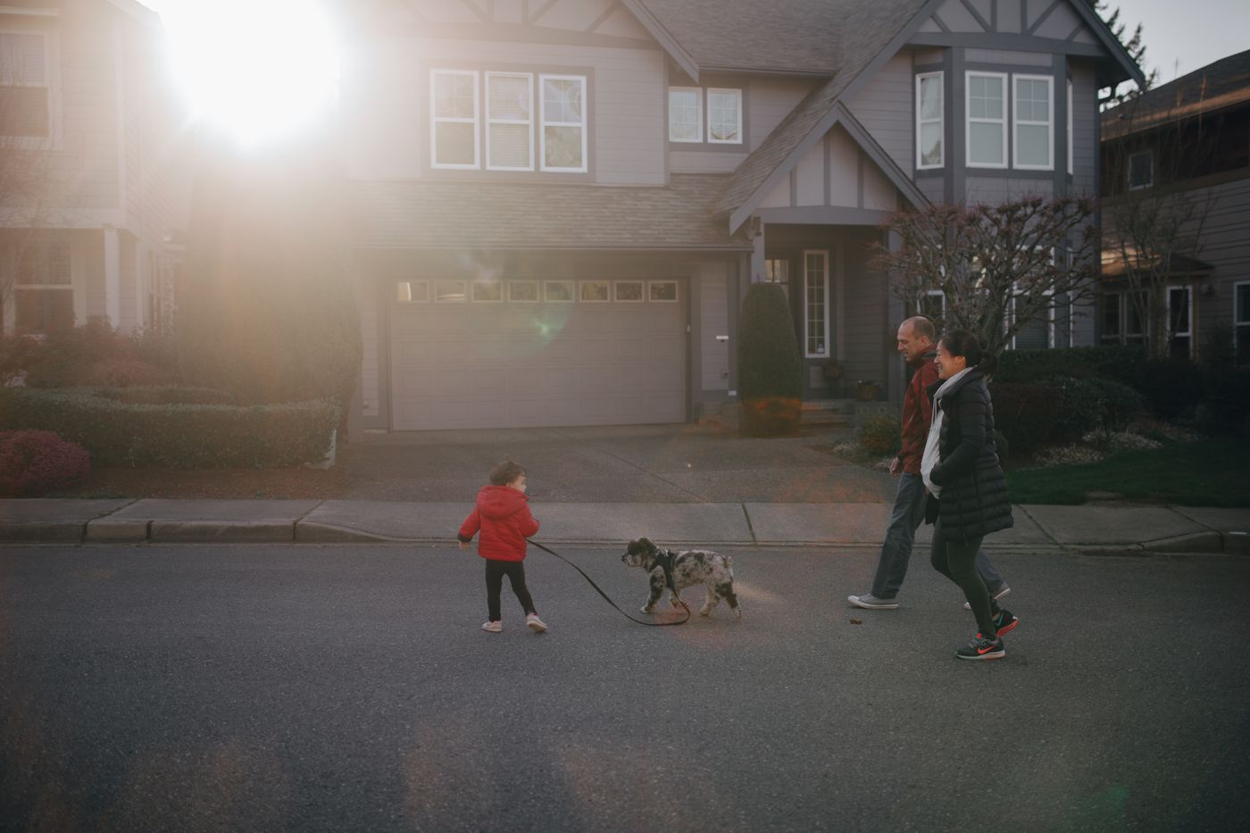 A family taking a dog for a neighbourhood walk.